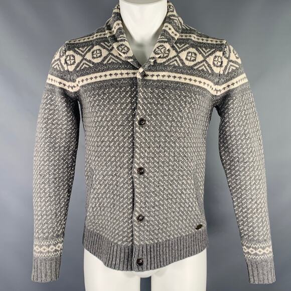 WOOLRICH Size S Grey White Nordic Wool Cashmere Shawl Cardigan - Picture 1 of 9
